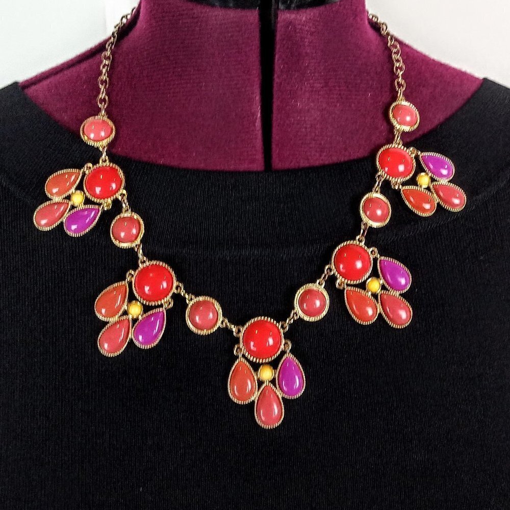 Pink Coral Yellow Purple Gold-Tone Chain Fashion Necklace